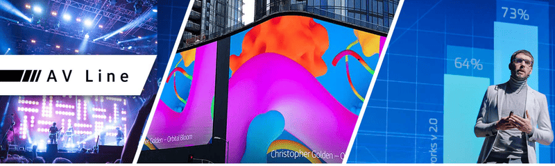 AV over IP in action: concert stage lighting, a digital billboard, and a presenter in front of a data display, with the words AV Line