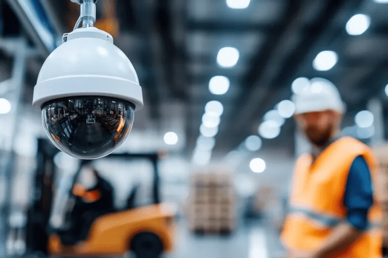 Surveillance camera watches over a bustling warehouse with workers in high-visibility vests and forklifts in action, ensuring safety and operational efficiency.