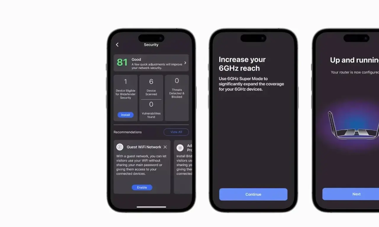 Nighthawk app screens for security, 6GHz setup and router configuration