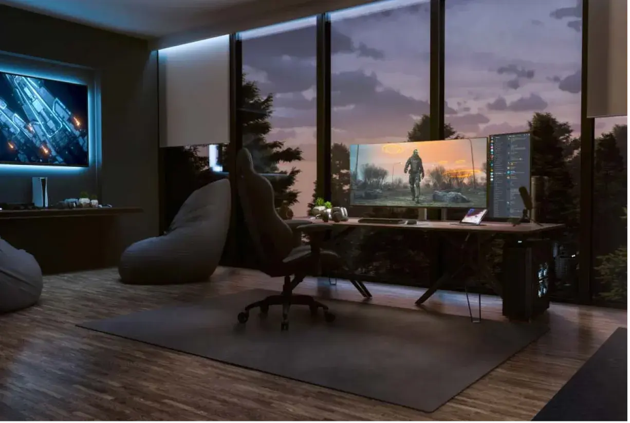 A home gaming setup at dusk