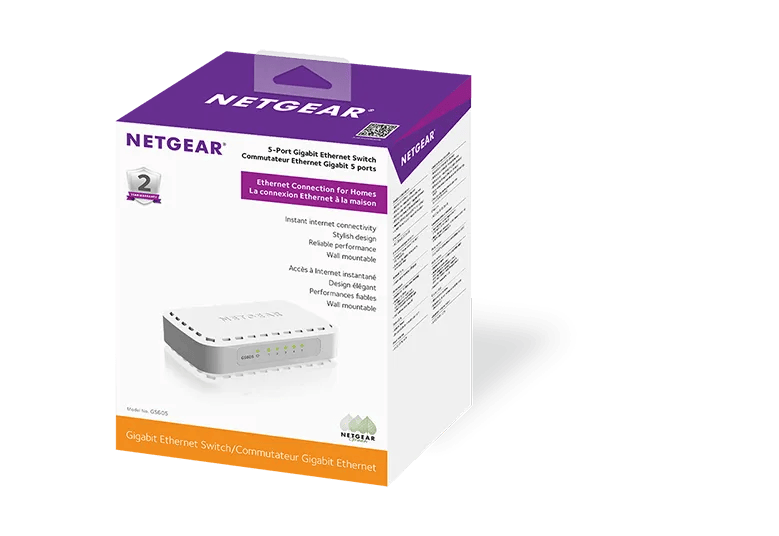 Ethernet Switch, Plug-n-Play with 5 Gigabit Ports - GS605v5 - NETGEAR