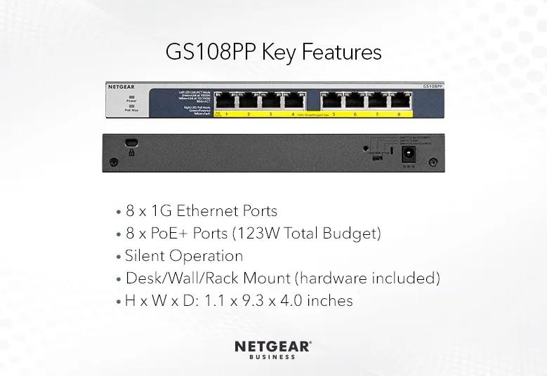 Unmanaged PoE+ Switch With 8 Ports and 123W - GS108PP - NETGEAR