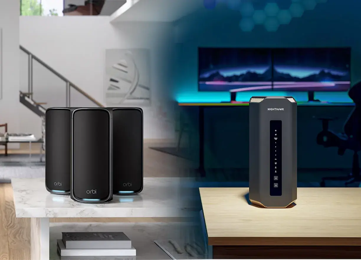 Orbi mesh system in a living room and a Nighthawk router on a gaming desk