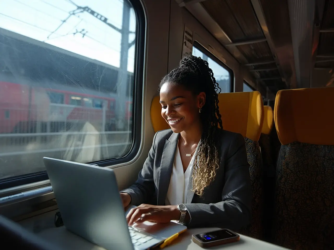 Woman working on a laptop on a train with a Nighthawk mobile hotspot on the table