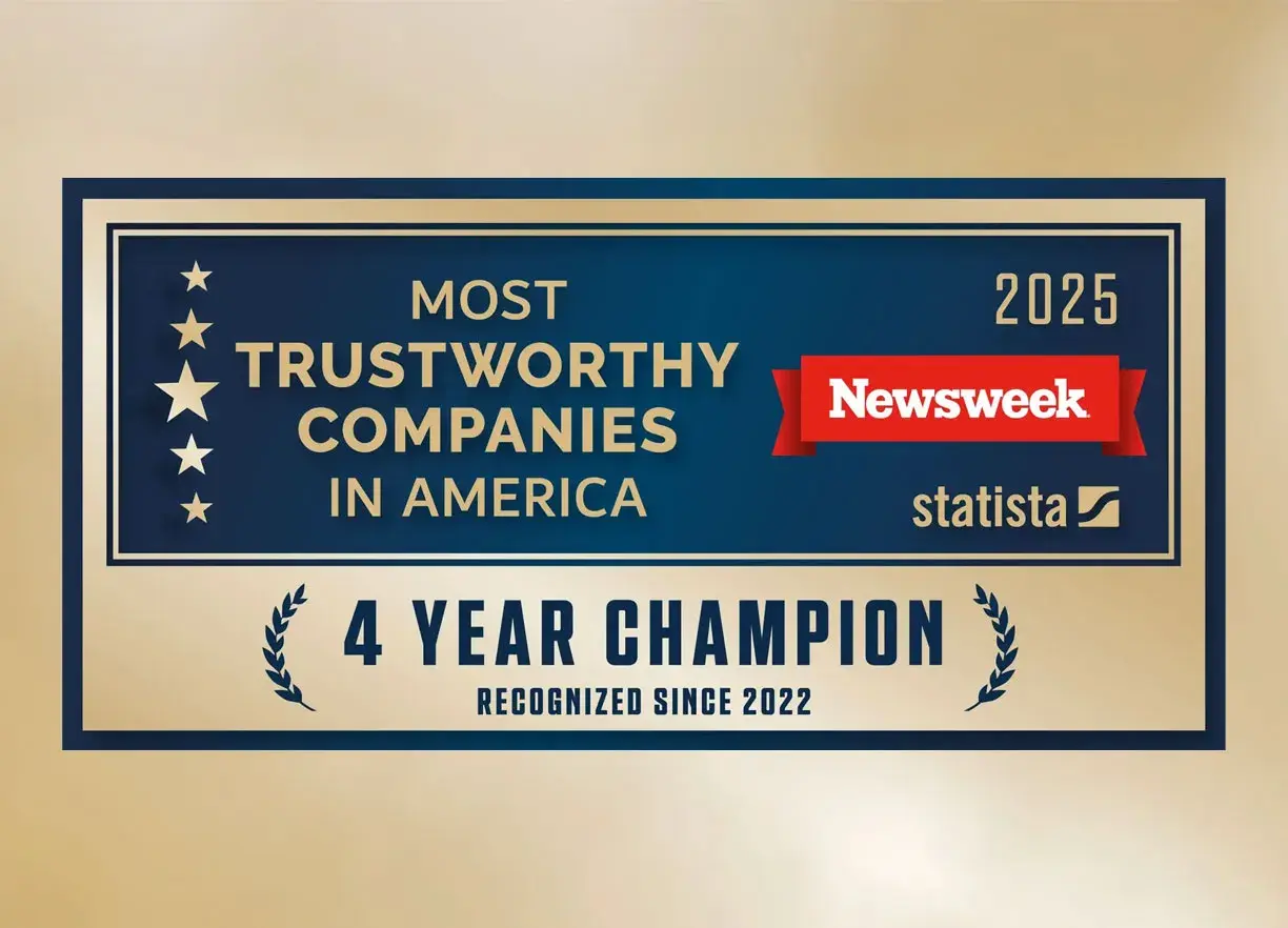 Newsweek and Statista Most Trustworthy Companies in America 2025 badge, 4 Year Champion
