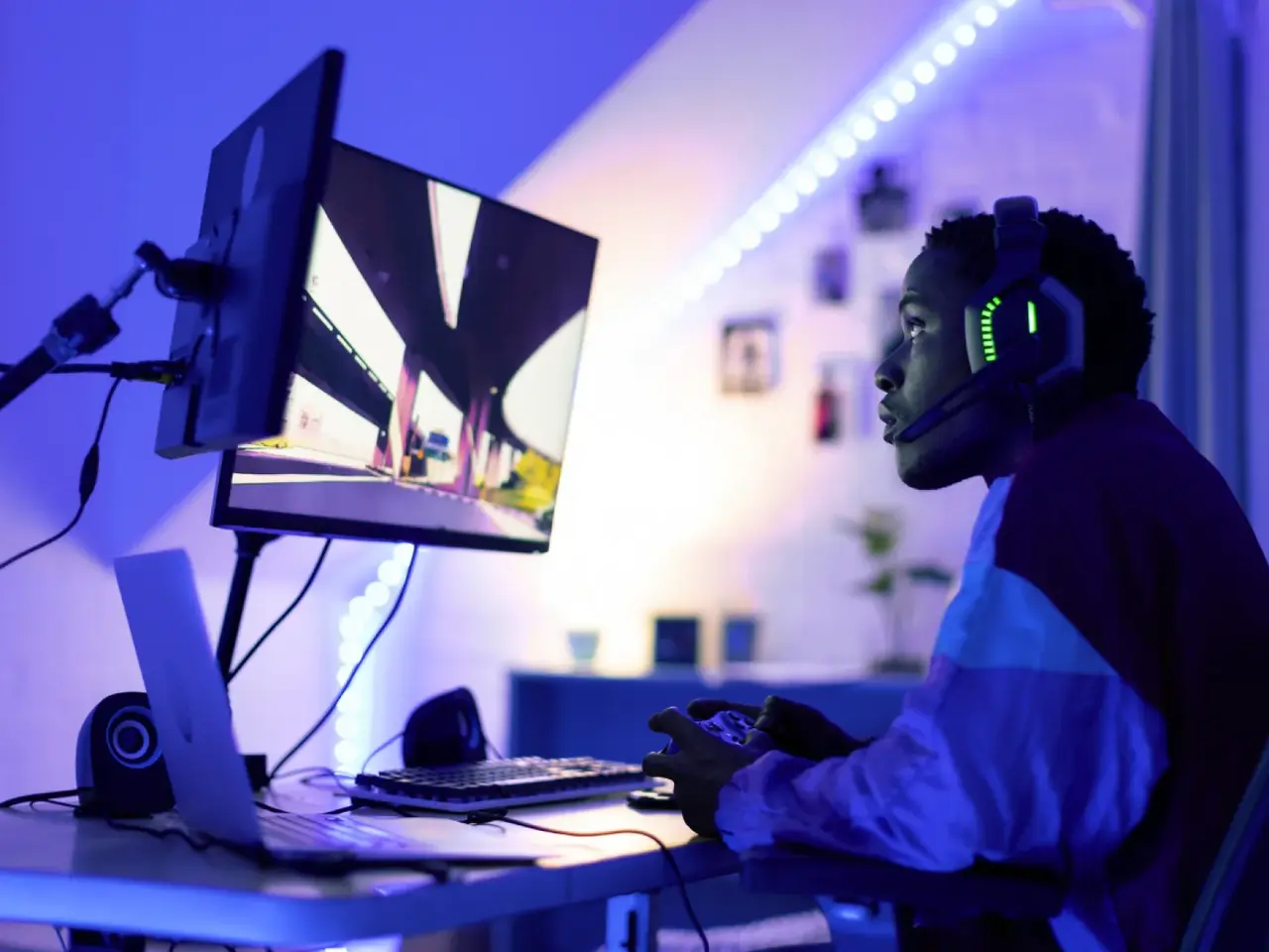 A gamer playing on a PC in a room lit with blue light