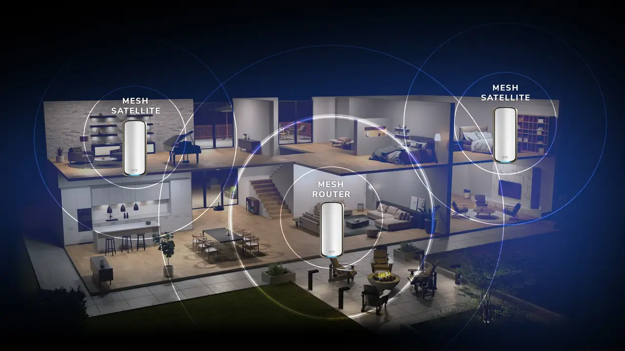 Cutaway of a two-story home with an Orbi mesh router and two mesh satellites covering every room
