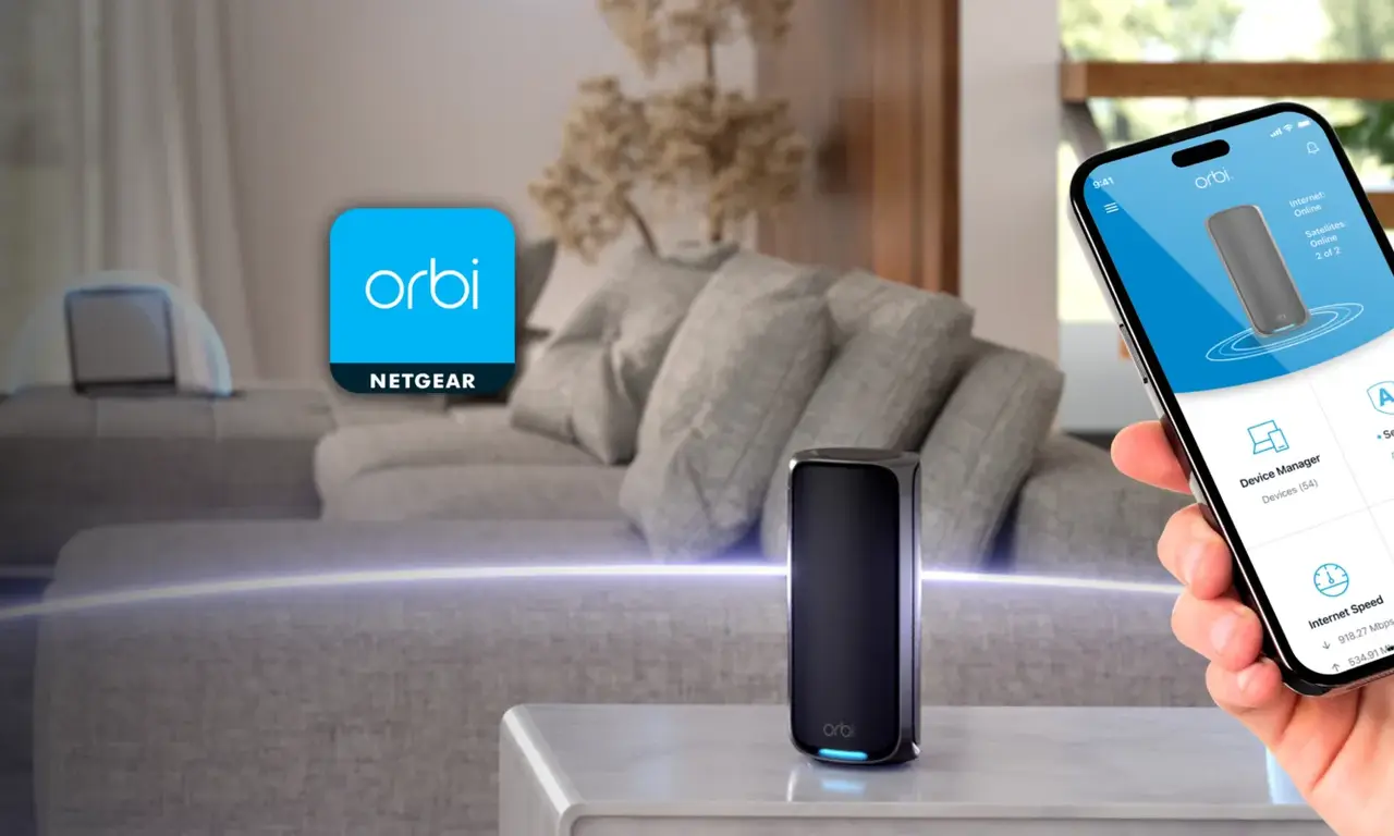 Orbi mesh router with the Orbi app open on a phone