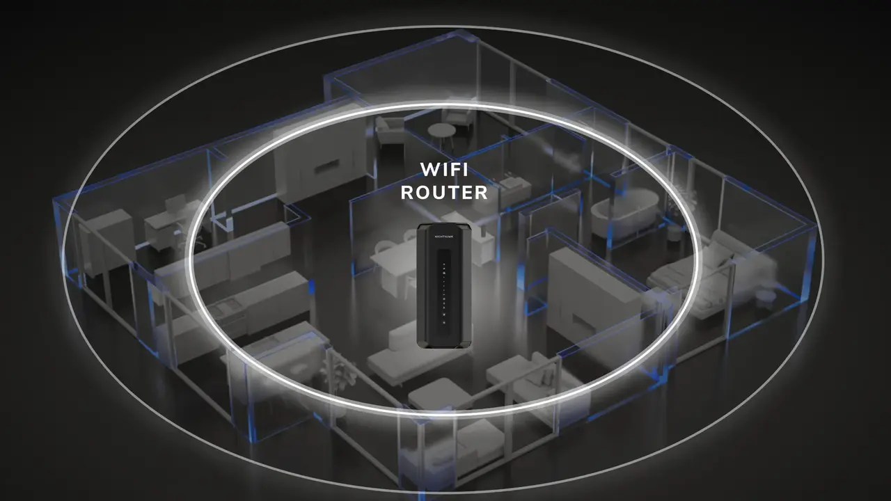 Diagram of a home floor plan with a single WiFi router broadcasting coverage from the center