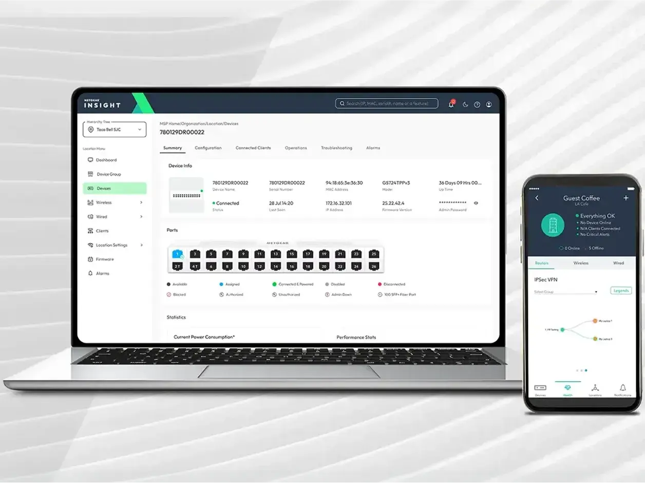 NETGEAR Insight device dashboard on a laptop and the Insight mobile app on a phone
