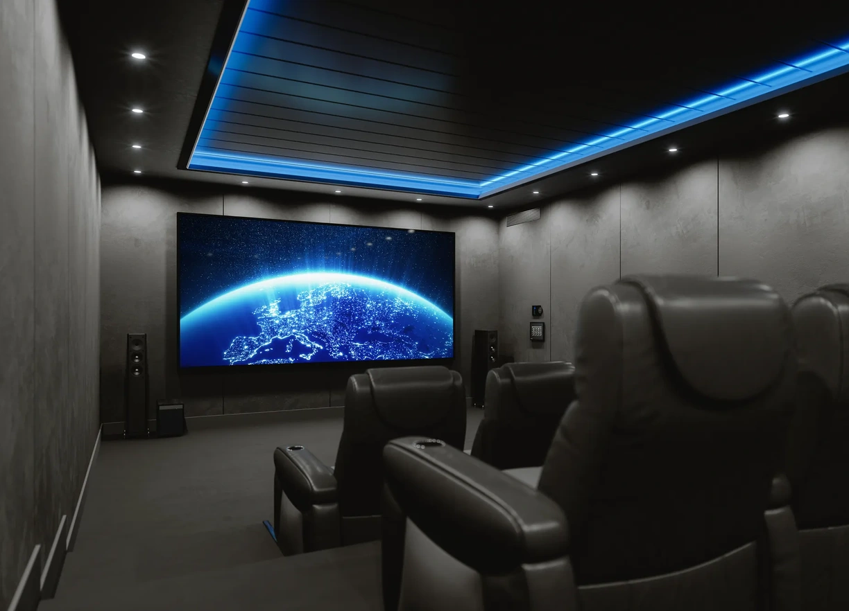 Private home cinema room.
(World map texture courtesy of NASA: https://visibleearth.nasa.gov/view.php?id=55167)