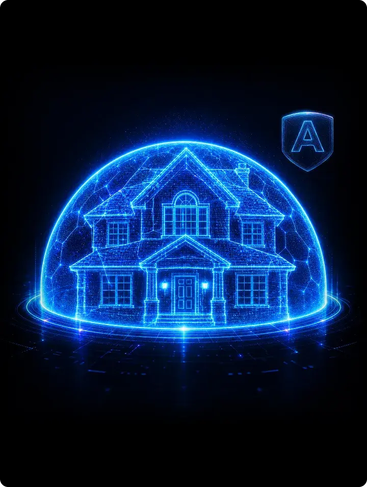 A home protected by a glowing NETGEAR Armor security shield