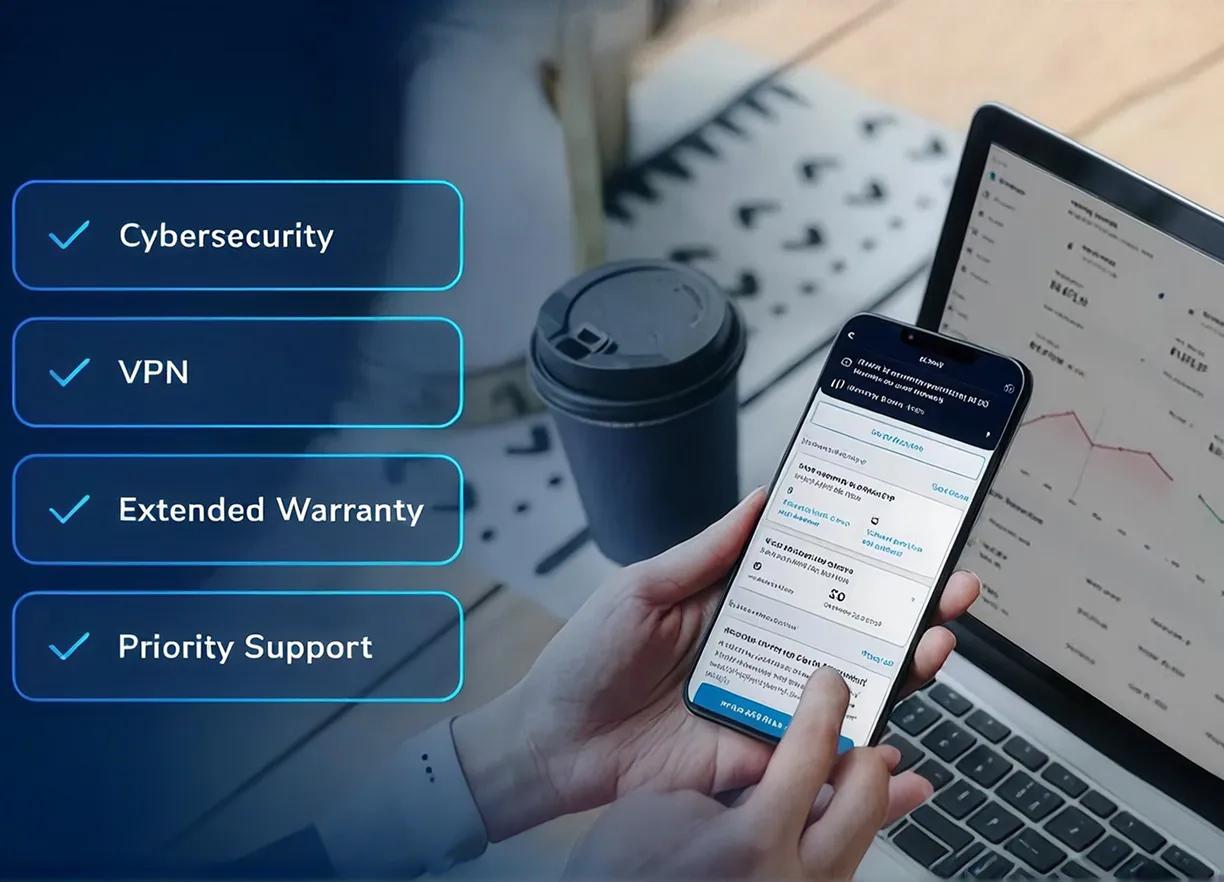 NETGEAR Armor features: cybersecurity, VPN, extended warranty and priority support, shown with the Armor app on a phone