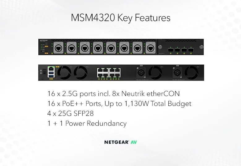 16x 2.5G PoE++ (530W base, up to 1,130W) incl. 8x Neutrik etherCON and 4xSFP28 25G Managed Switch