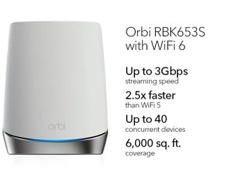 NETGEAR® Orbi™ Tri-band WiFi 6 Mesh System, 3Gbps, with 1 year of NETGEAR Armor included, Router + 2 Satellites